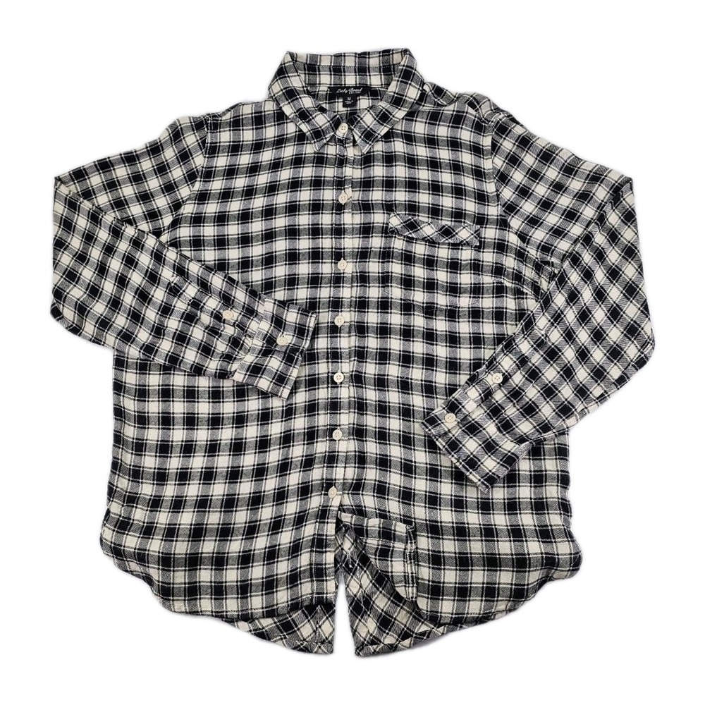 Lucky Brand Buffalo Plaid black Button Up long sleeve split tail Medium Bungalow